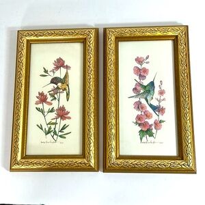 Vintage 1995 Hummingbird Floral Set of 2 Carolyn Shores Wright Framed Print Art
